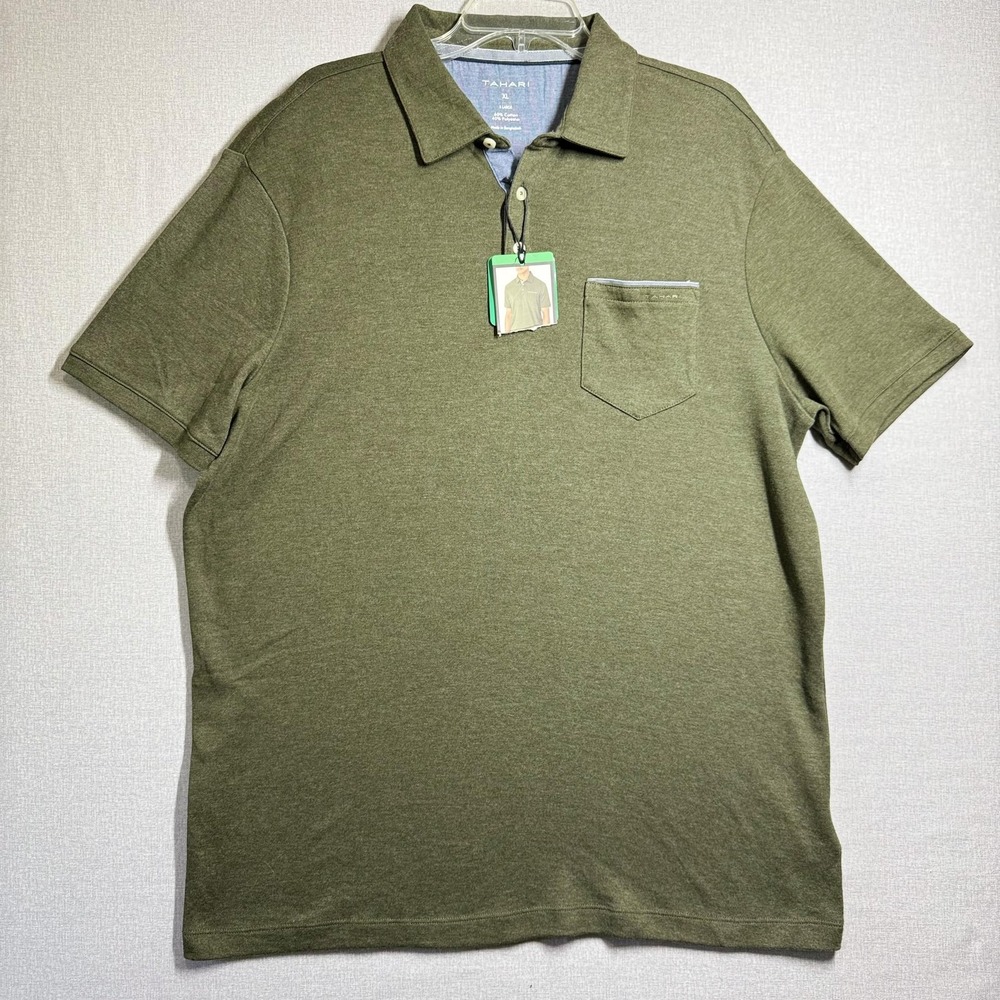 Tahari Polo Shirt Mens XL Green Solid Pocket Cotton Blend Tagless Casual